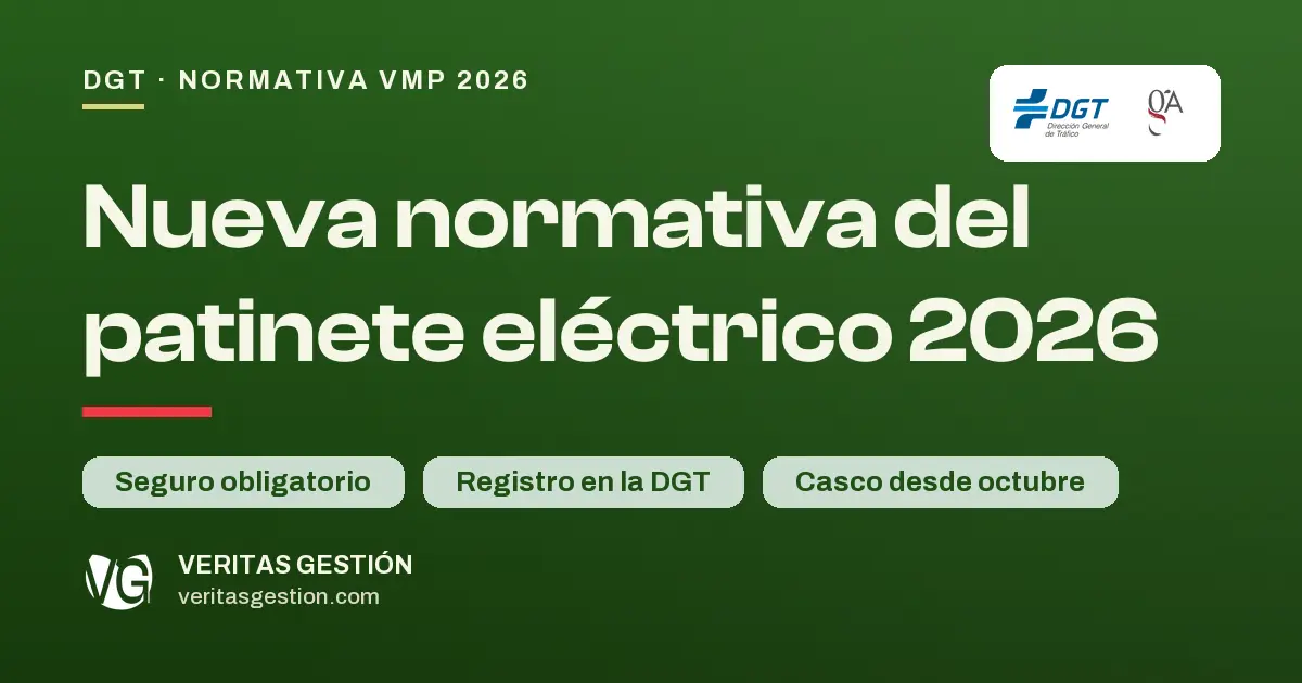 Infografía de la nueva normativa del patinete eléctrico 2026 en España: seguro obligatorio, registro en la DGT y casco obligatorio desde octubre. Veritas Gestión.