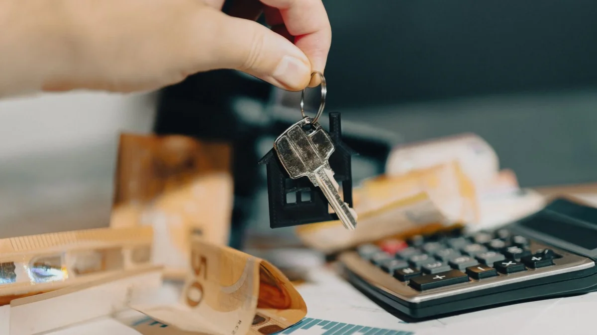 Llaves de una vivienda en alquiler sobre billetes de euro y una calculadora, reducción por alquiler de vivienda en el IRPF
